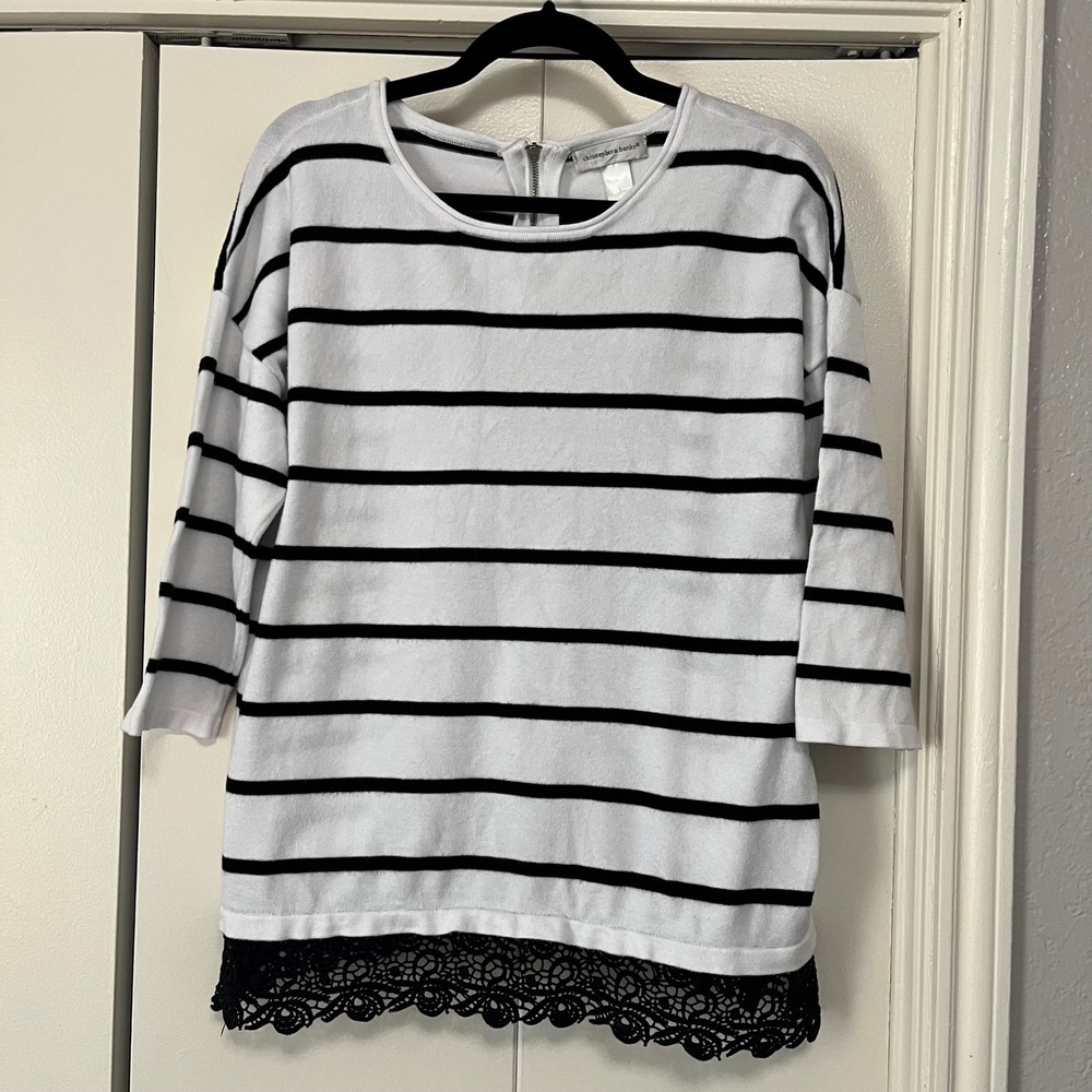 christopher & banks striped sweater‎ black white lace trim women's size L